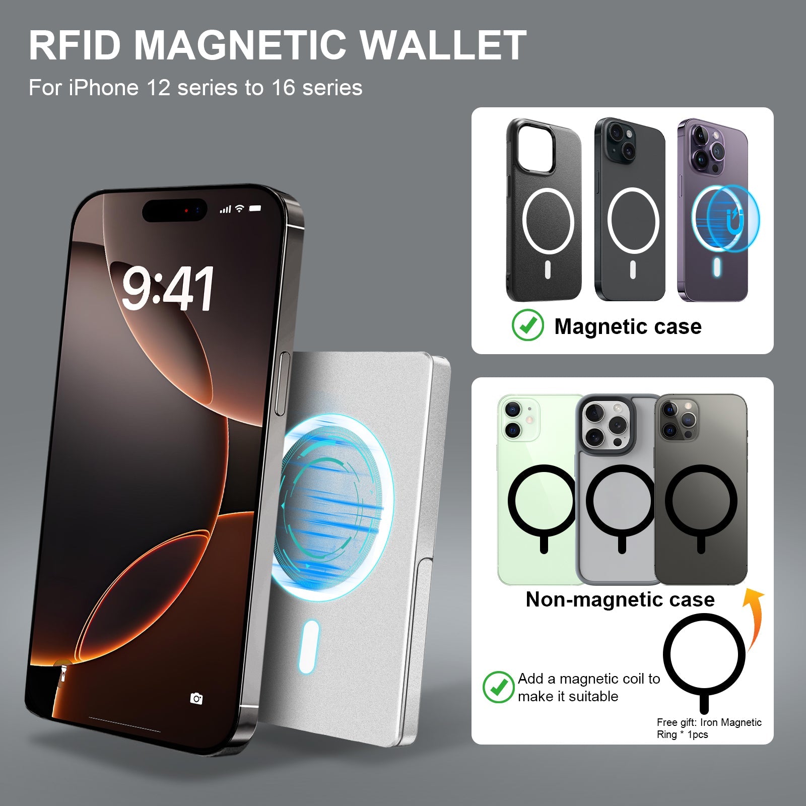 RFID Blocking Wallet Minimalist Slim Card Holder for Magsafe with Adjustable Stand, Metal Pop Up Magnetic Wallet  for Men TOYFID-2